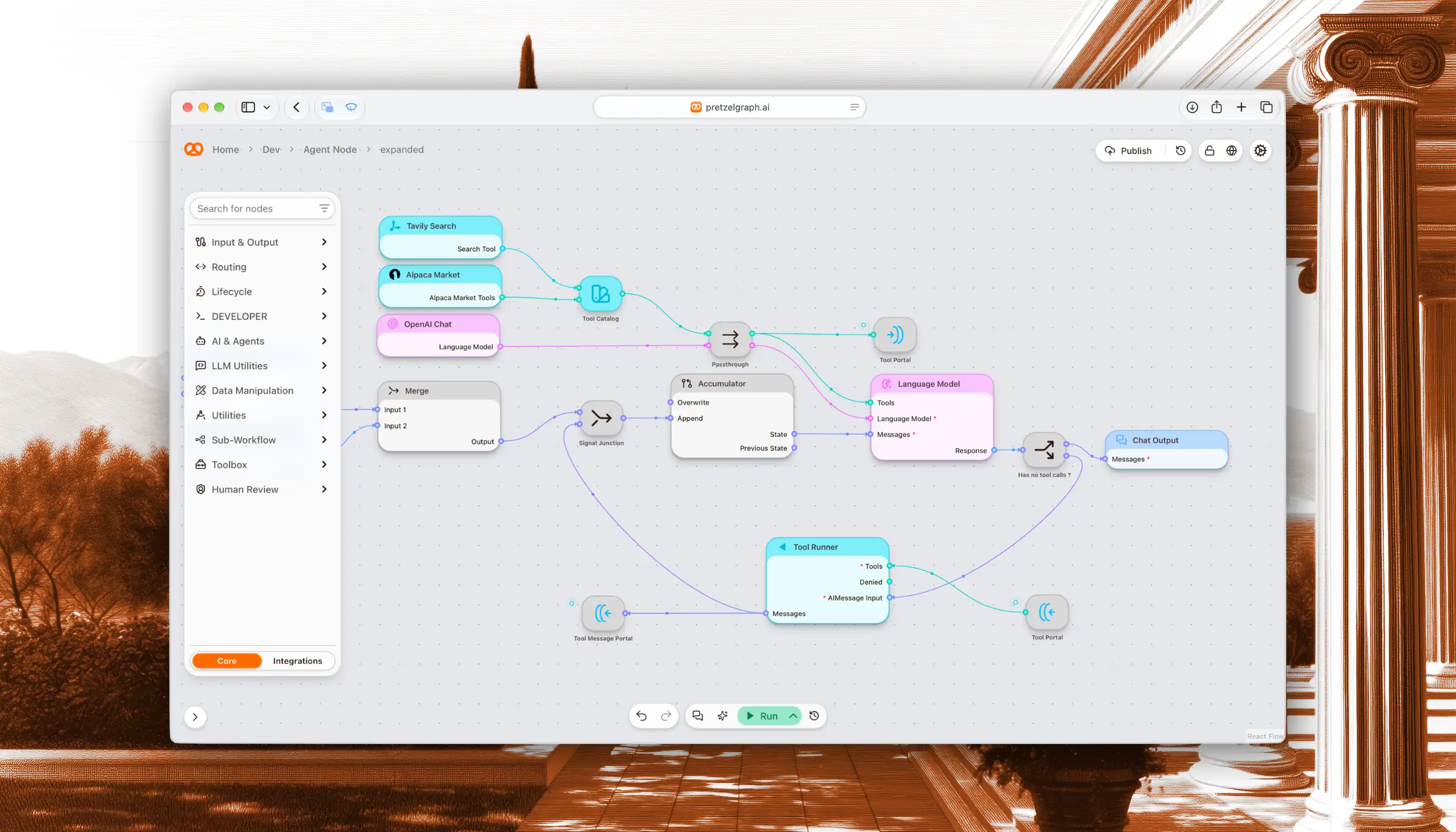 The PretzelGraph editor showing an agent workflow, over an engraved terrace