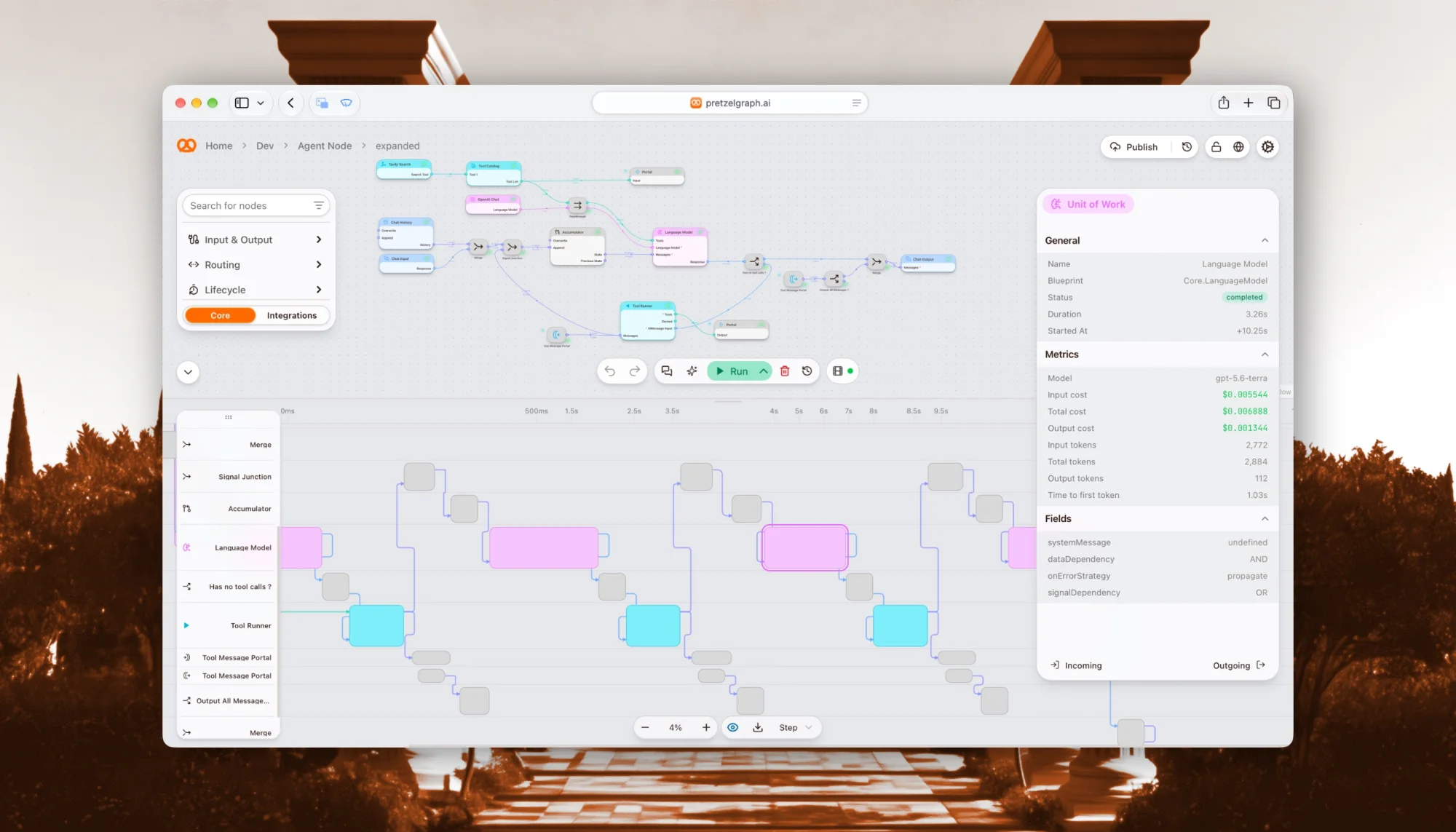 An execution trace with a timeline of every node and its token usage, cost and duration